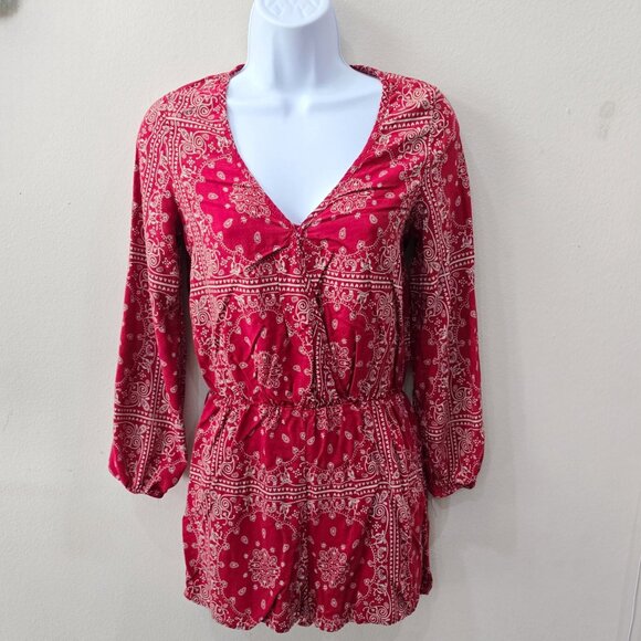 Archaic by Affliction Red Paisley Romper W/ Long Sleeves & V-Neck – M - Picture 2 of 11
